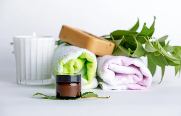 Configuração de massagem spa, produto, óleo — Fotografia de Stock