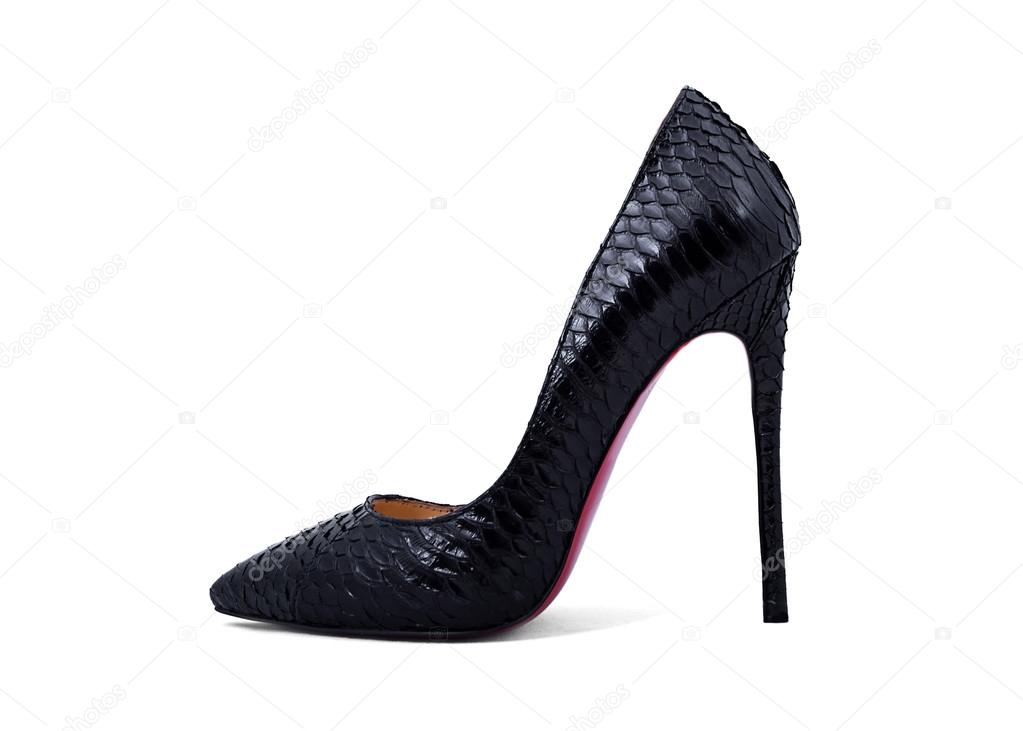 Elegant expensive black high heel women shoes on white backgroun