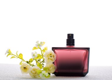 Parfüm şişesi beyaz gül desenli