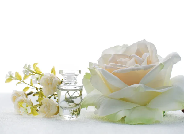 Small bottle of perfume with white flowers — Stock Photo, Image