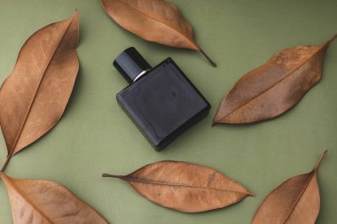 Erkek parfümü ve kuru yapraklar.