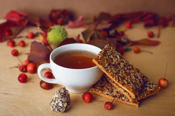 Fall still life with cup of tea — Stock Photo, Image