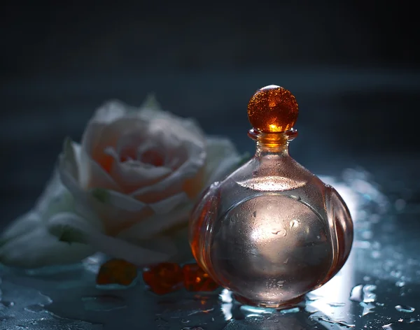 Flacons de parfum avec rose blanche — Photo