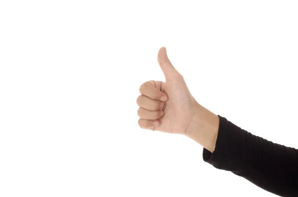 Kadın el başparmak yukarıya işareti beyaz arka plan karşı gösterilen