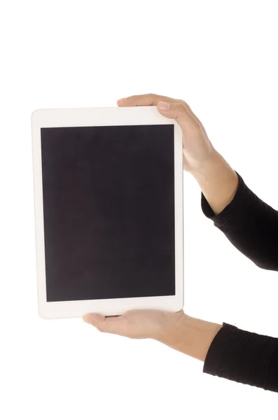 İzole kadın el ile a siyah perde beyaz bir sekme tutarak