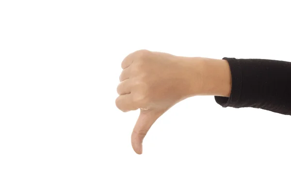 Kadın el başparmak aşağı işaret beyaz arka plan karşı gösterilen Tarih portre