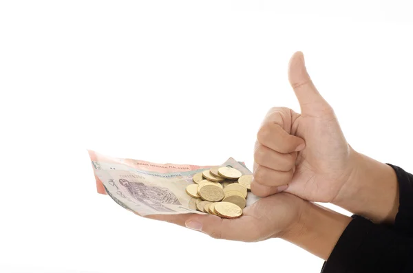 Fecho da mão feminina segurando moedas e notas bancárias, conceito de economia — Fotografia de Stock