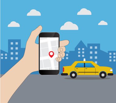 Bir arka plan üzerinde bir ekranda arabirimi taksi ile şehir telefon