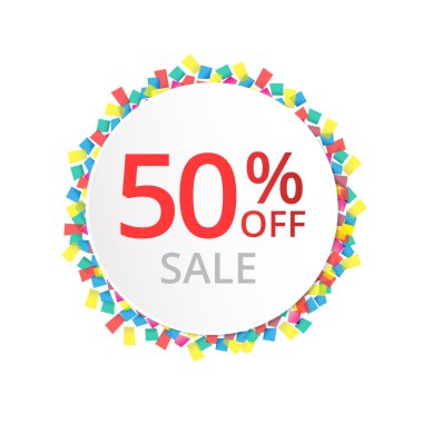 % 50 satış indirim işareti ile renkli konfeti.