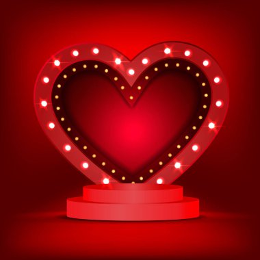 3d arkaplan şablonu sahne podyumu ve Işık ampulleri vintage parıltılı kalp çerçeve çizimi illüstrasyonu EPS10.