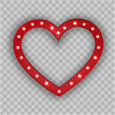 Sevgililer günü mutlu kalbi. Tebrik kartı parlak ışık işareti. Kalp flaması ampulleri. Şeffaf arkaplanda kırmızı neon kalp şekli işareti