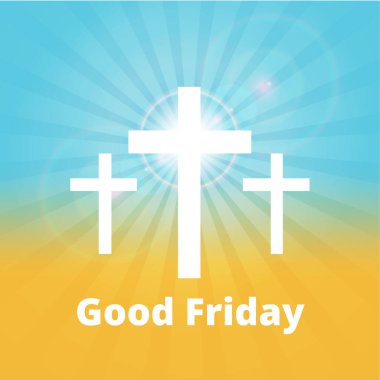 İyi cumalar. Beyaz haçlı arka plan ve gökyüzünde güneş ışınları. Vektör illüstrasyonu.