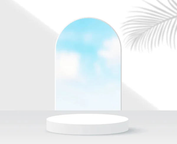Bílá Podium Displej Palmovým Stínem Pro Prezentaci Produktů Letní Modré — Stockový vektor