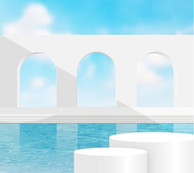 3D görüntüleme, gerçeküstü manzara beyaz duvar ve mavi gökyüzü ile havuz. Modern minimal soyut arkaplan, illüstrasyon EPS10.