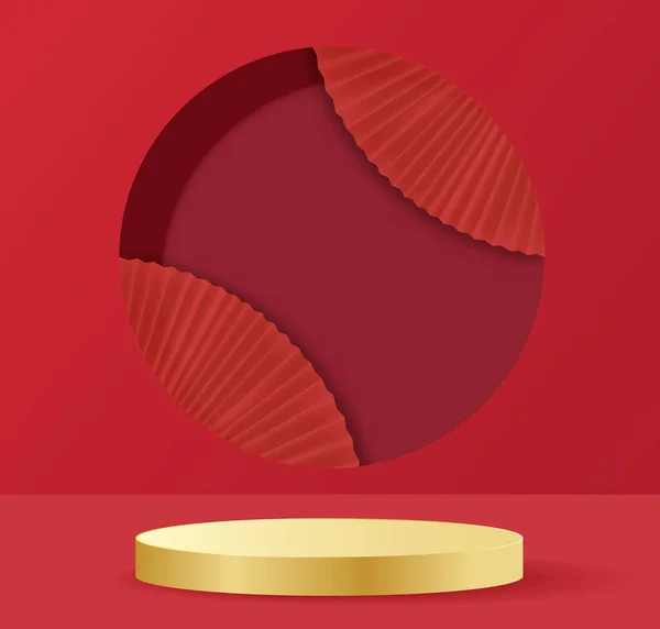 Китайский Новый Год Макет Подиума Красном Фоне Ручным Бумажным Вентилятором — стоковый вектор