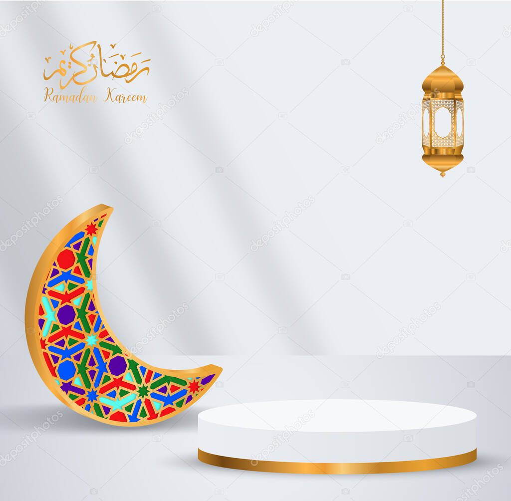 3d ramadan kareem white background Translation of text : Ramadan Kareem with golden lamp and podium,illustration EPS10.