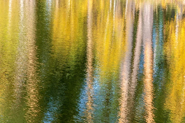 Abstraktní Pozadí Kmenů Stromů Rozmazané Hladině Řeky Slunečného Podzimního Dne — Stock fotografie