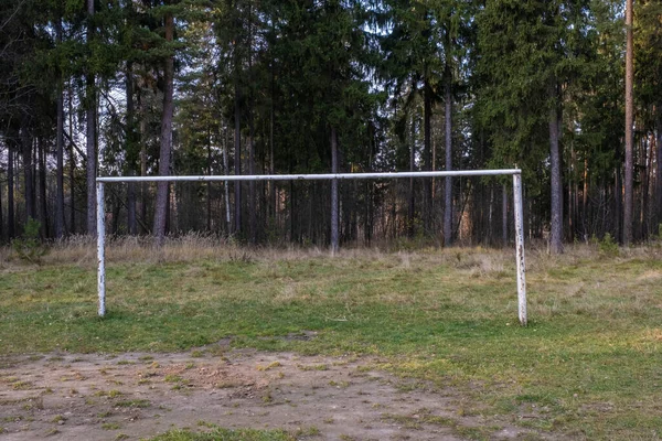 秋の日に森林遊技場に白い金属パイプで作られたサッカーの目標 — ストック写真