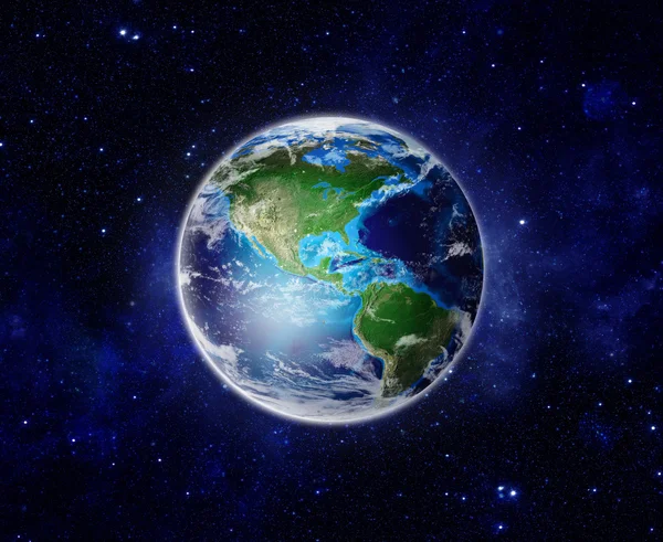 Globala världen, planetjorden från rymden visar America, Usa sol, stjärnor, galaxer, nebulosor, Vintergatan i rymden. — Stockfoto