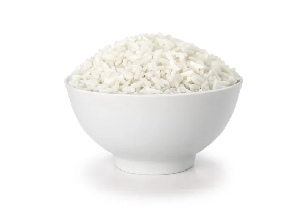 煮熟的米饭在白色杯子或碗与剪贴路径 — 图库照片