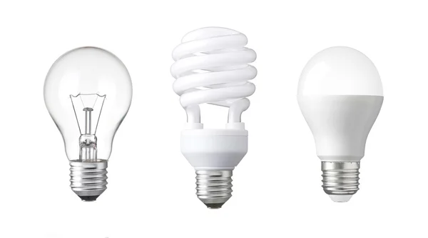 Evolution av glödlampa. Volfram glödlampa, lysrörslampa och LED — Stockfoto