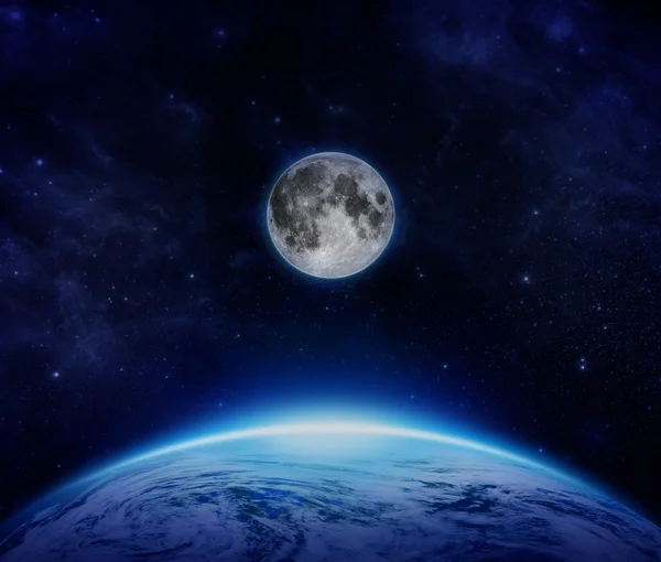 Μπλε πλανήτη γη, το φεγγάρι και αστέρια από χώρο στον ουρανό — Φωτογραφία Αρχείου