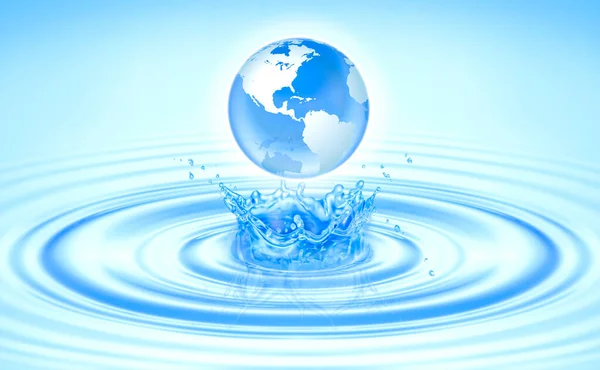 Planeta Terra Cair Onda Azul Fazer Água Respingo Com Texto — Fotografia de Stock