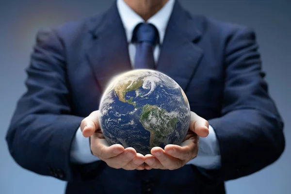 Businessman Hold Global World Planet Earth Hand Business Man Show — Stock Photo, Image