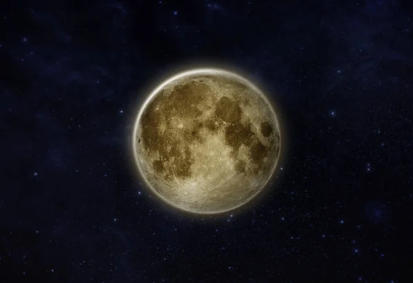 接近满月时 暗夜或黑色背景的恒星场中的月球隔离显示了月球表面 月球纹理 黄月光 月球效应和对地球的反射 — 图库照片