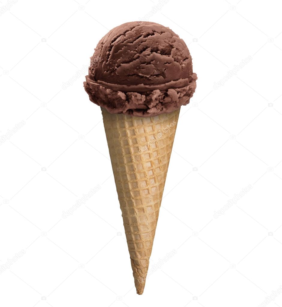 Chocolate ice cream in a cone isolated on white background.