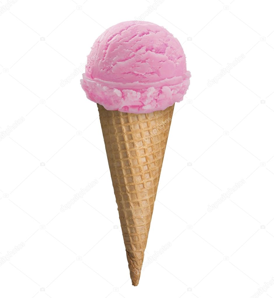 Strawberry ice cream scoop in a waffle cone with clipping path.