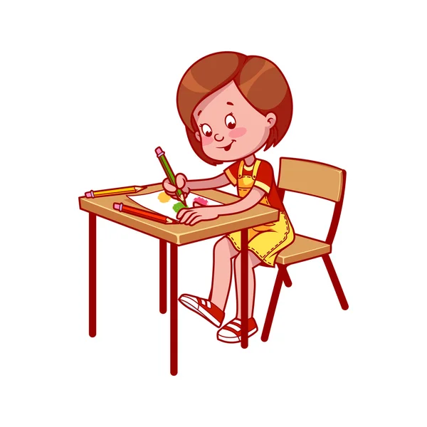 School girl at a school desk drawing with crayons. — Stock Vector