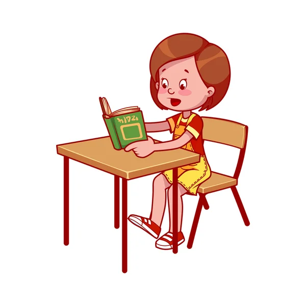 Chica de la escuela en un escritorio de la escuela leyendo un libro . — Vector de stock