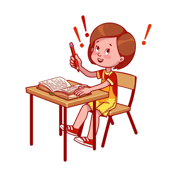 Happy school girl at a school desk with book. — Stock Vector