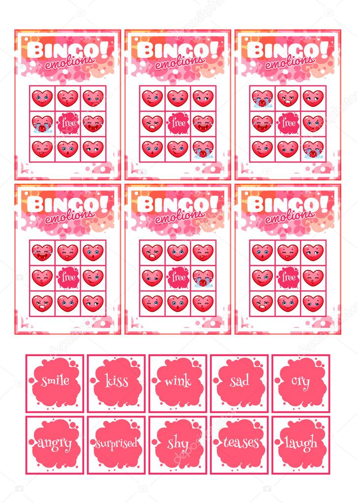 Educational bingo game for preschool kids with different emotions
