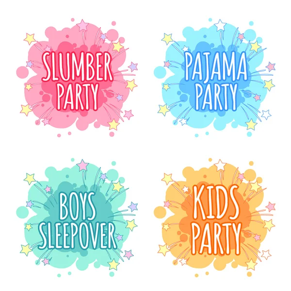 Kids party logo. Vier badges voor kinderen partij in de ter plaatse vorm. — Stockvector