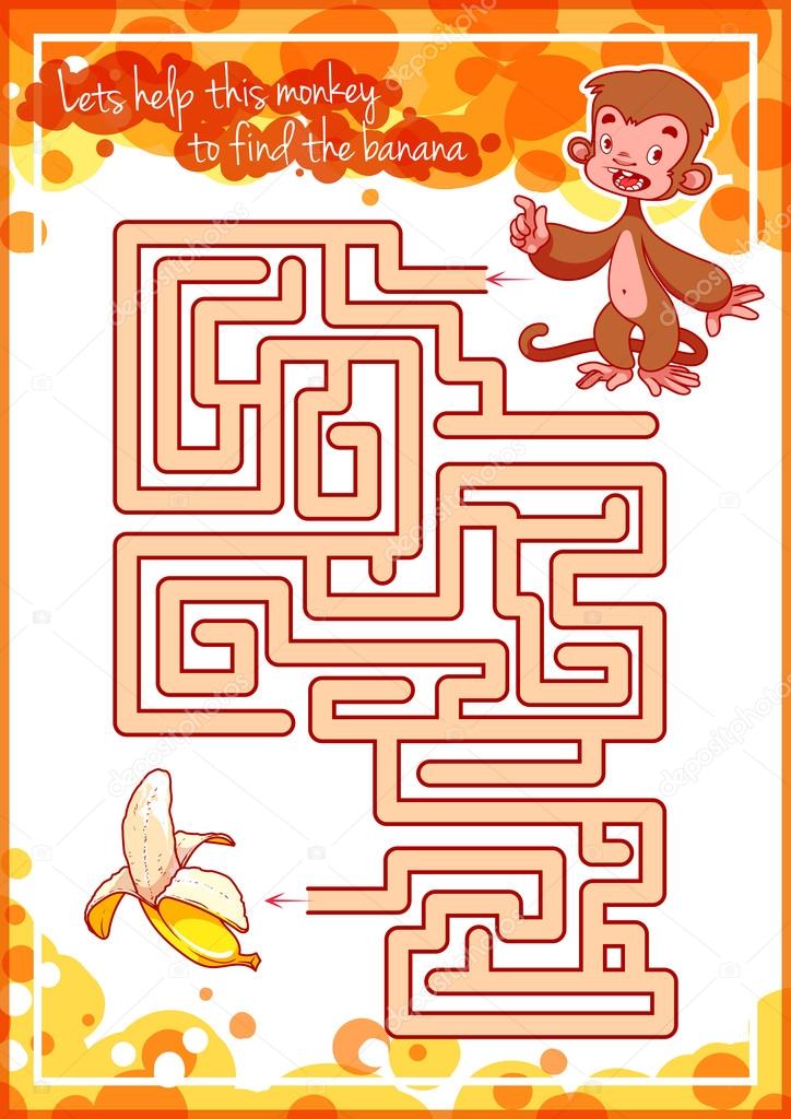 Maze game for kids with monkey and banana.