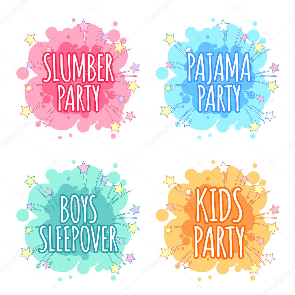 Kids party logo. Four badges for kids party in the spot shape. Vector clip art illustration on a white background.