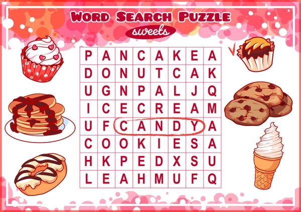 Word search puzzel met snoep. — Stockvector