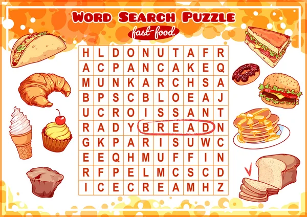 Puzzle wyszukiwania słowa z fast foody. — Wektor stockowy