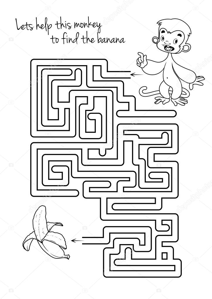 Maze game for kids with monkey and banana.