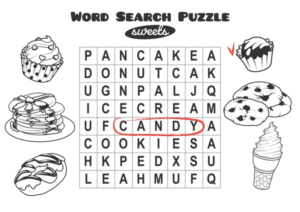 Word search puzzel met snoep. — Stockvector