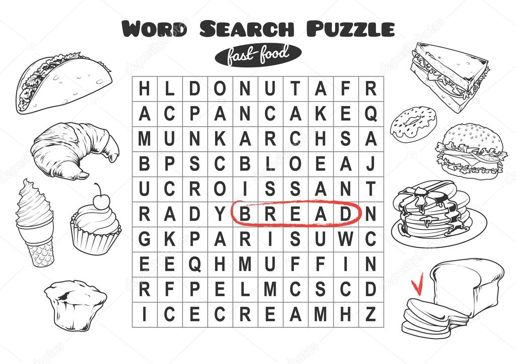 Word search puzzle with fast-food.