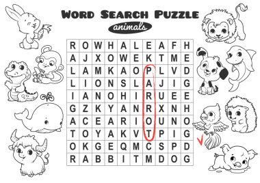 Çocuklar için eğitici bir oyun. Kelime arama bulmaca.