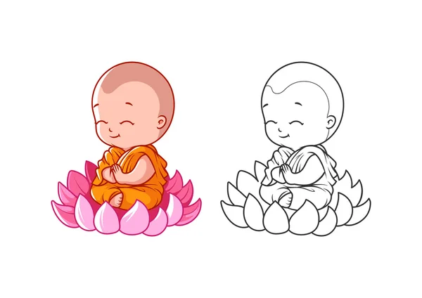 Un piccolo monaco dei cartoni animati sul loto. Pagina per libro da colorare . — Vettoriale Stock