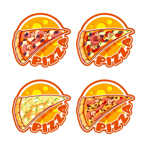 Set van vier stickers met verschillende pizza. — Stockvector