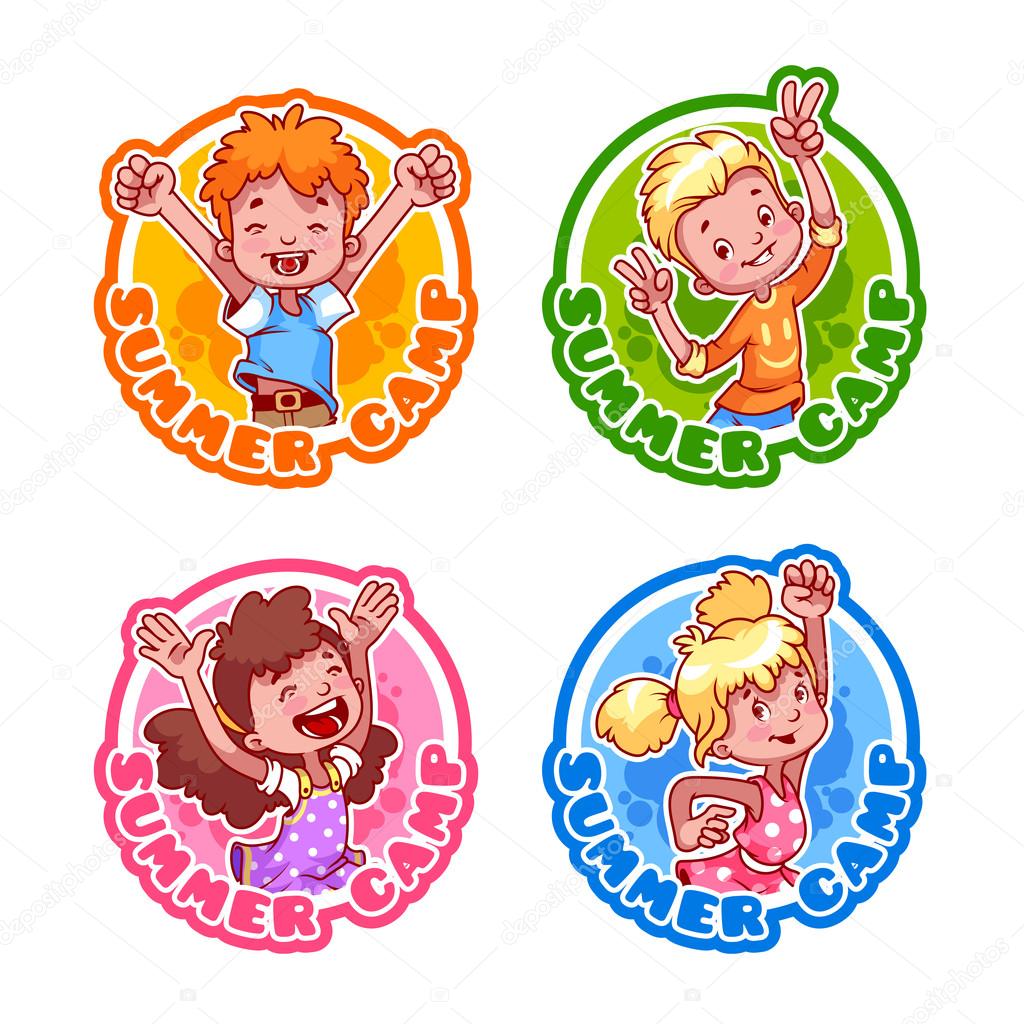 Set of four stickers with happy kids. Logo template for kids summer camp. Vector illustration isolated on a white background.
