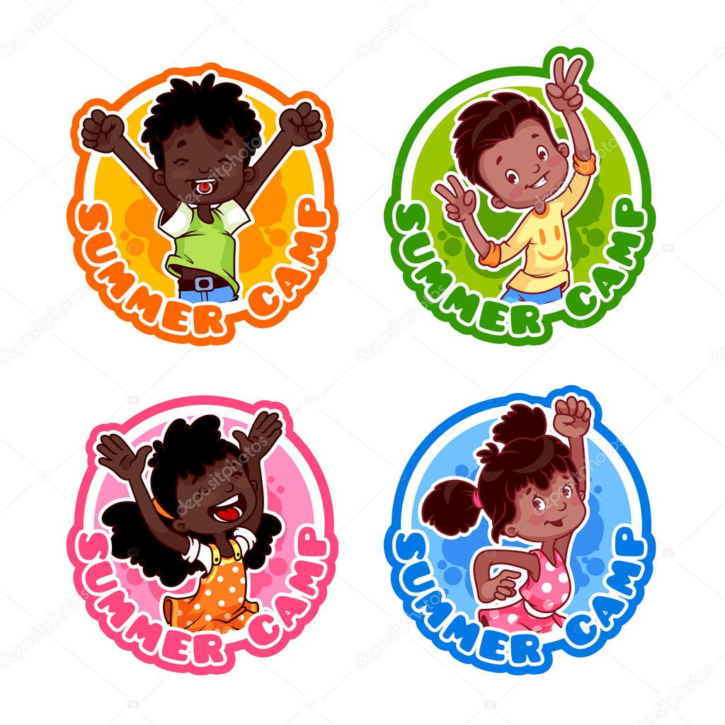 Set of four stickers with happy african american kids. Logo template for kids summer camp. Vector illustration isolated on a white background.