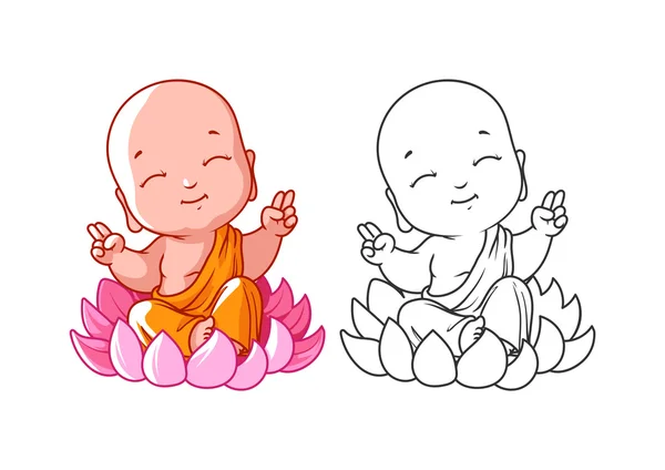 Un piccolo monaco dei cartoni animati sul loto. Pagina per libro da colorare . — Vettoriale Stock