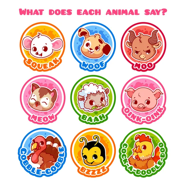 Set of round stickers with animals and their sounds. — Stock Vector